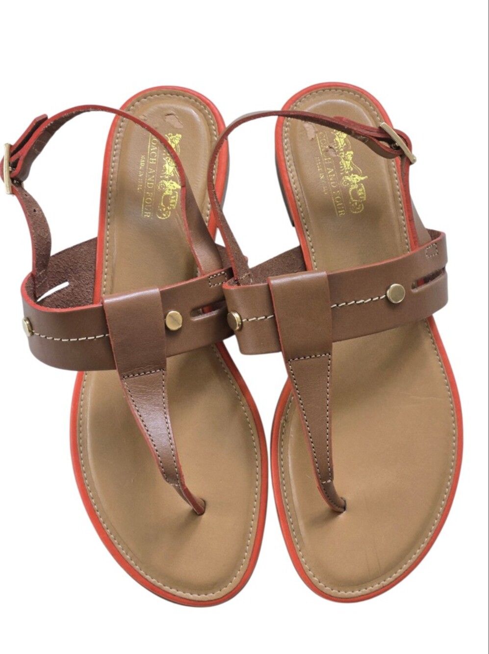Coach and Four Italy Brown & Orange Leather T Bar Thong Sandals Women's Size 7.5